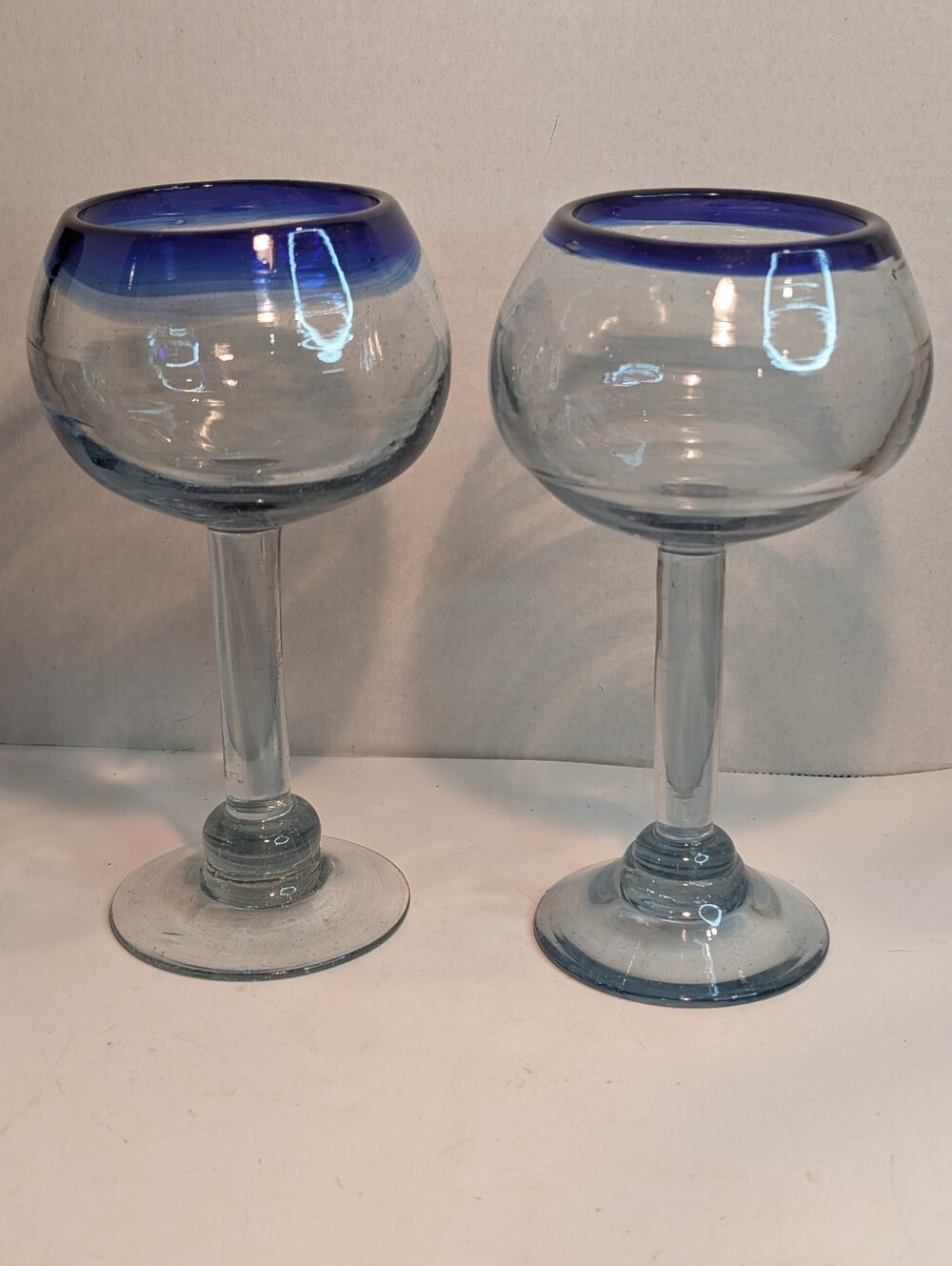 3 Vintage Mexican Hand Blown Glass Goblet, Cobalt Blue Rim, Recycled Glass
